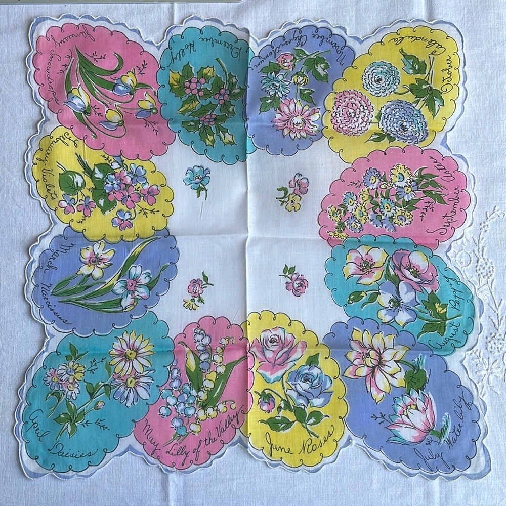 Vintage birth month flowers handkerchief, botanical motif, pastel colors, 14"